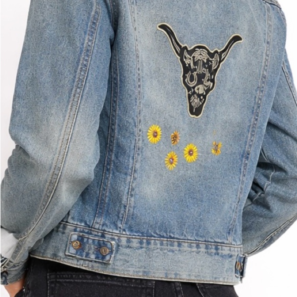 Vintage Denim Jacket with Bull Skull and Floral Embroidery